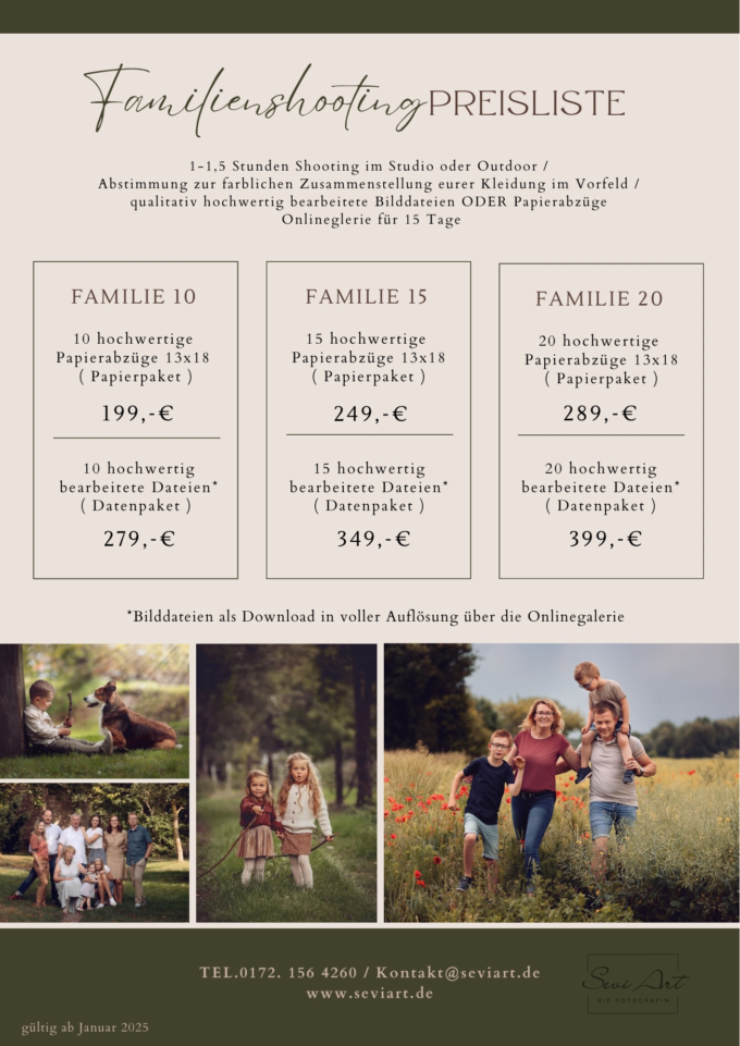 Preisliste, Familienfotos & Kinderfotografie